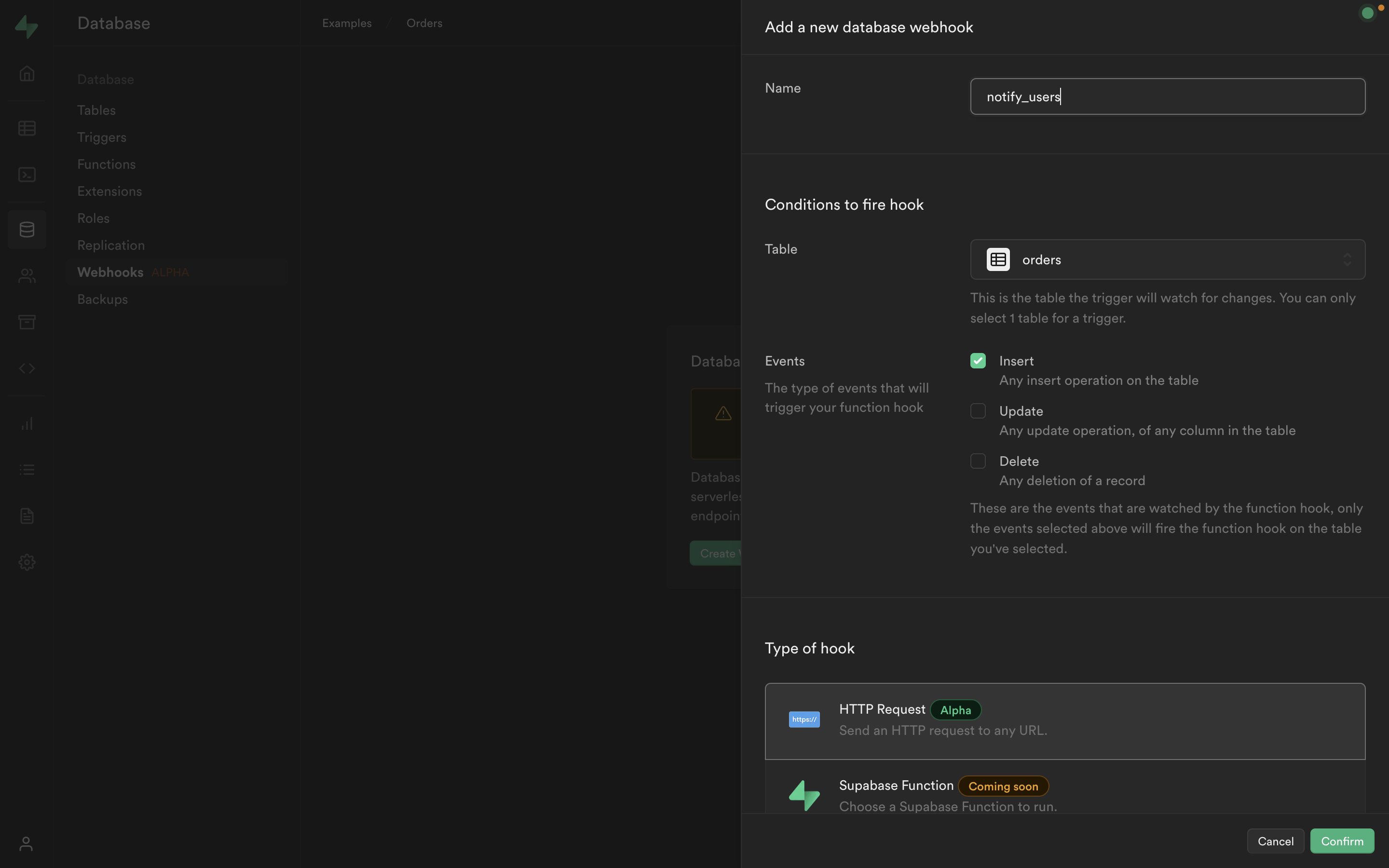 Supabase Webhooks configuration