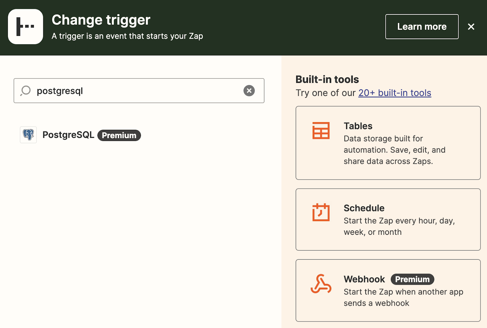 PostgreSQL trigger option in Zapier